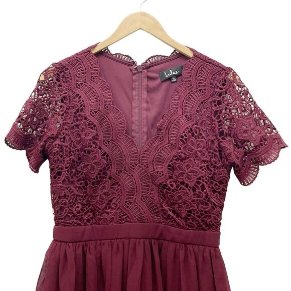 Lulus Angel in Disguise Burgundy Lace Short Skater Dress Women’s Size Medium - Picture 7 of 13